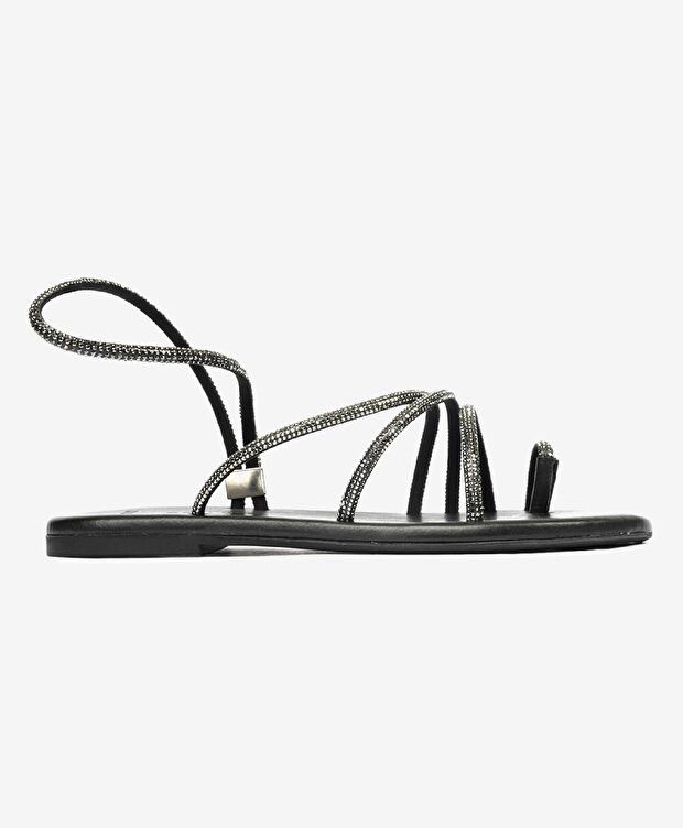 Kadın Platin Hakiki Deri Taşlı Sandalet - 1