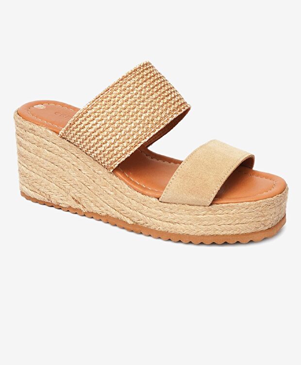 Kadın Bej Keten-Bisküvi Süet Topuklu Terlik - 2