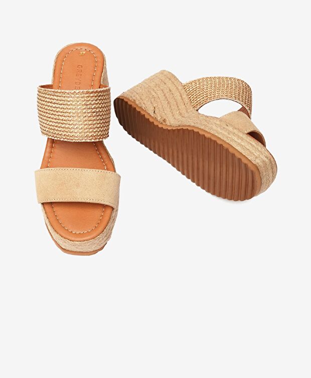 Kadın Bej Keten-Bisküvi Süet Topuklu Terlik - 6