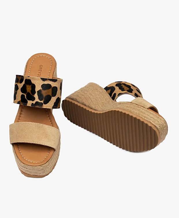 Kadın Leopar-Bisküvi Süet Hakiki Deri Topuklu Terlik - 6