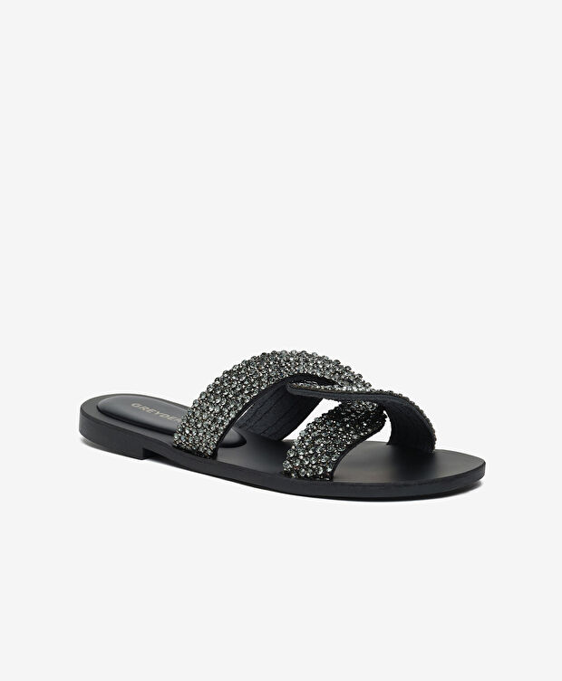 Kadın Siyah Hakiki Deri Taşlı Terlik - 2