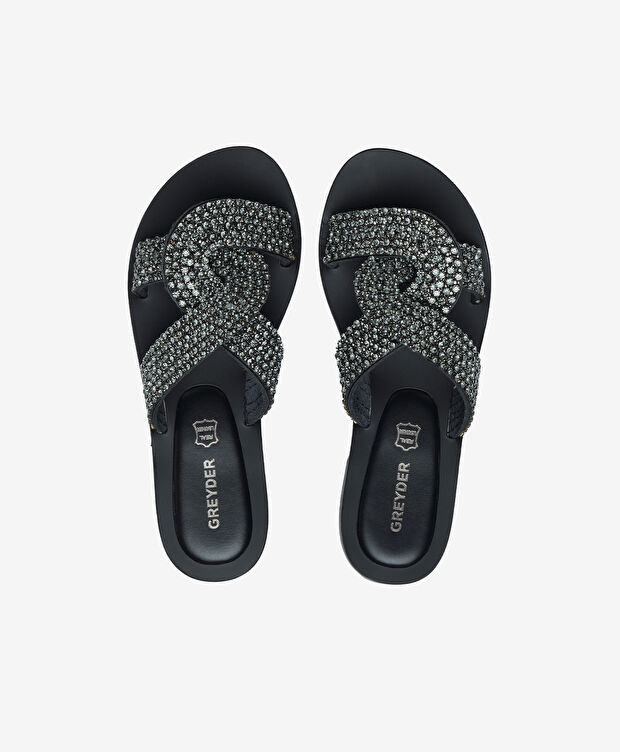 Kadın Siyah Hakiki Deri Taşlı Terlik - 5