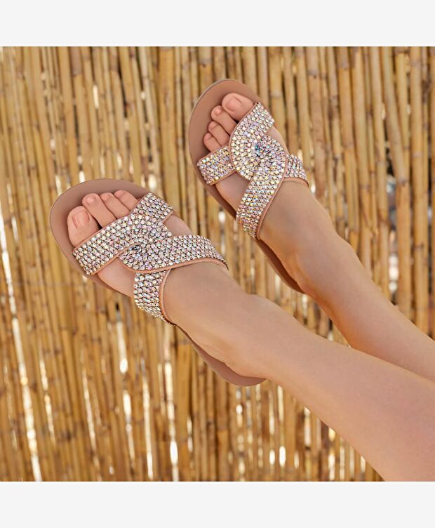 Kadın Pembe Hakiki Deri Taşlı Terlik - 8