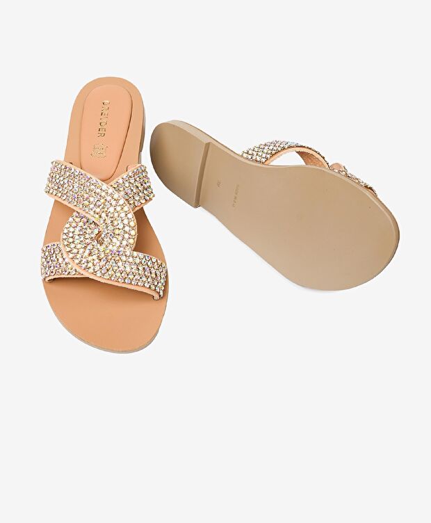 Kadın Pembe Hakiki Deri Taşlı Terlik - 6