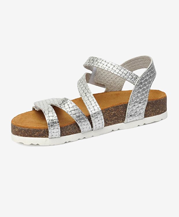 Kız Çocuk Gümüş Hakiki Deri Sandalet - 3