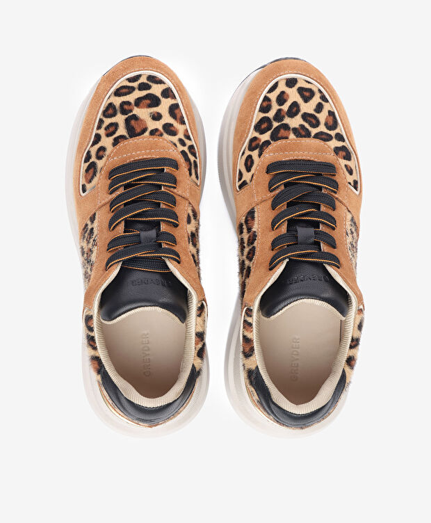 Kadın Taba Leopar Hakiki Deri Spor Ayakkabı - 5