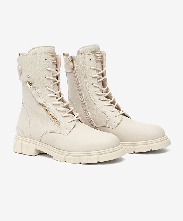 Kadın Ekru Hakiki Deri Military Bot - 3