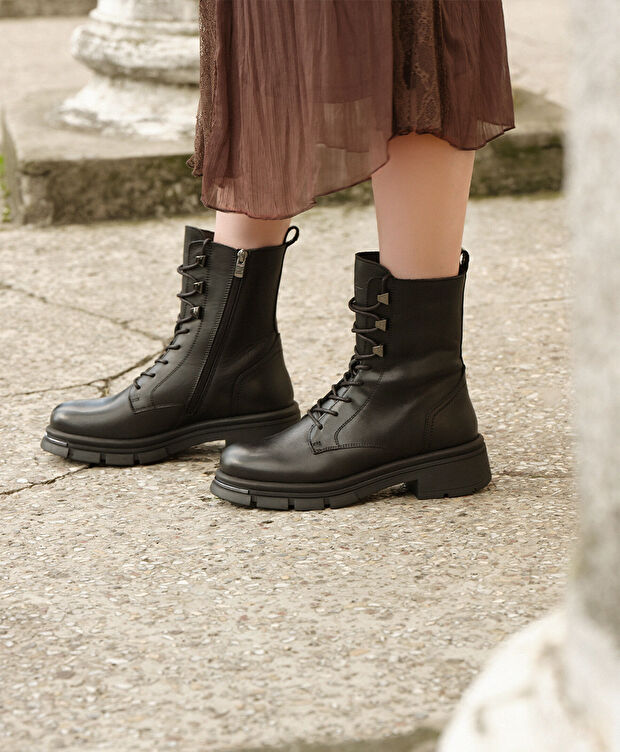 Kadın Siyah Hakiki Deri Military Bot - 6
