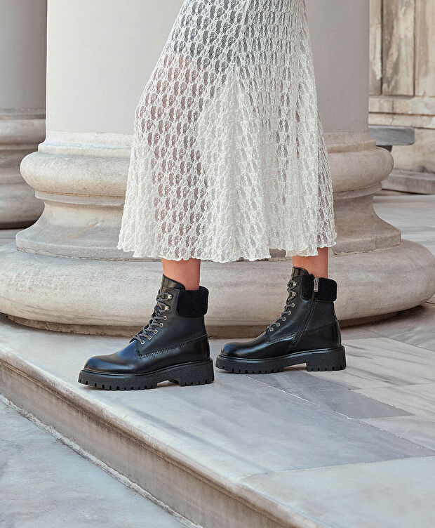 Kadın Siyah Hakiki Deri Military Bot - 6