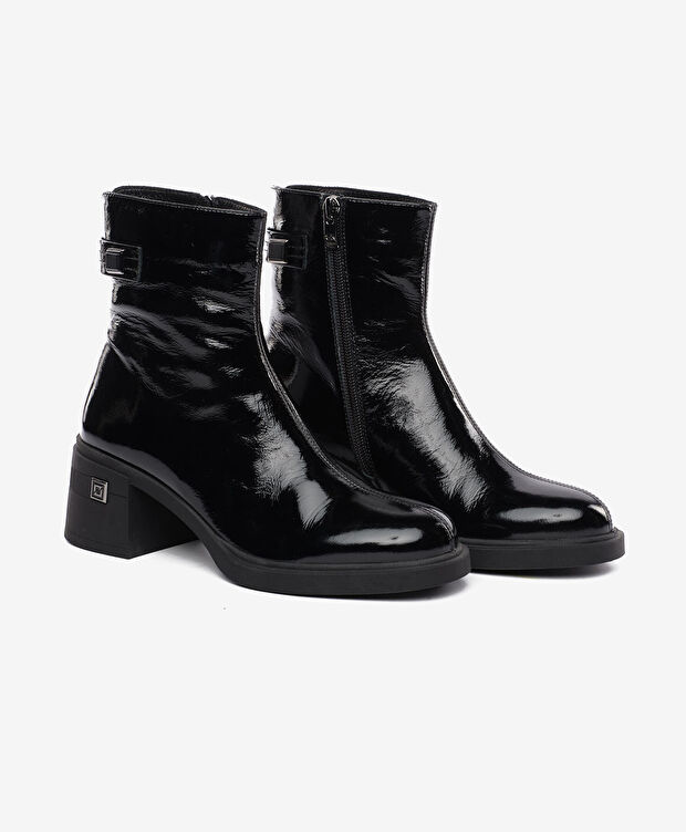 Kadın Siyah Rugan Hakiki Deri Topuklu Bot - 3