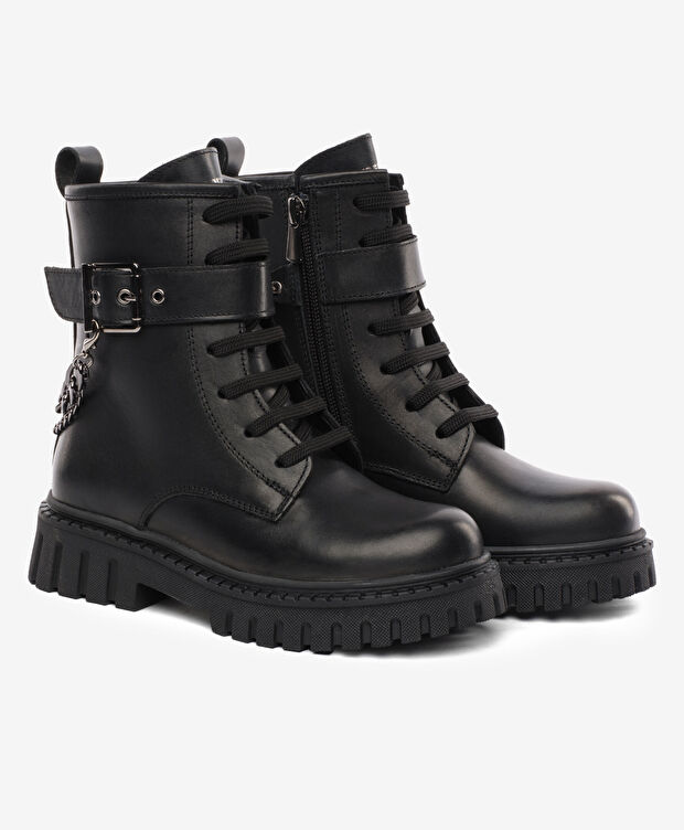 Kız Çocuk Siyah Hakiki Deri Military Bot - 3