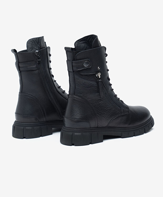 Kadın Siyah Hakiki Deri Military Bot - 4