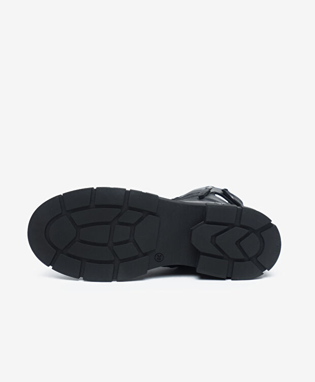 Kadın Siyah Hakiki Deri Military Bot - 5