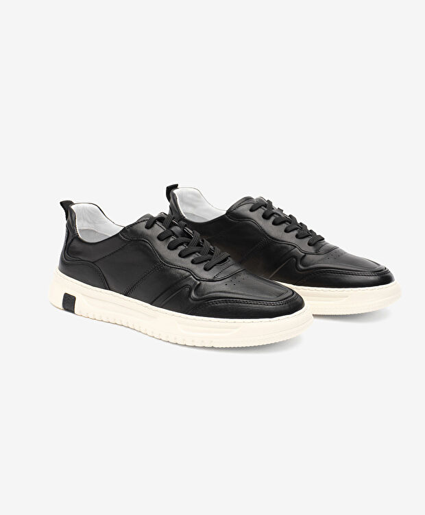 Erkek Siyah Ekru Hakiki Deri Sneaker Ayakkabı - 3