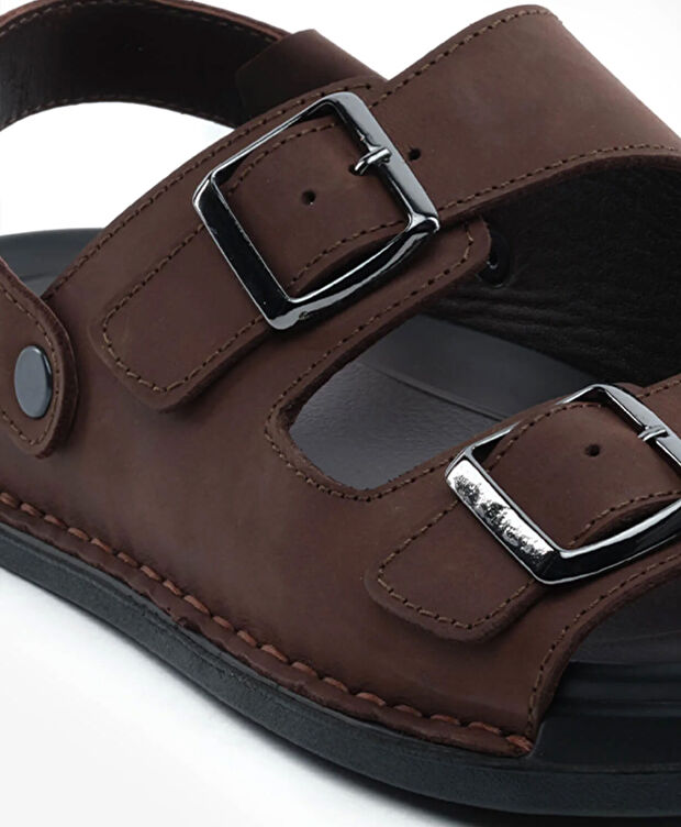 Erkek Kahverengi Hakiki Deri Sandalet - 5