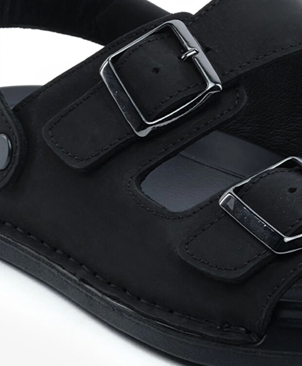 Erkek Siyah Hakiki Deri Sandalet - 5