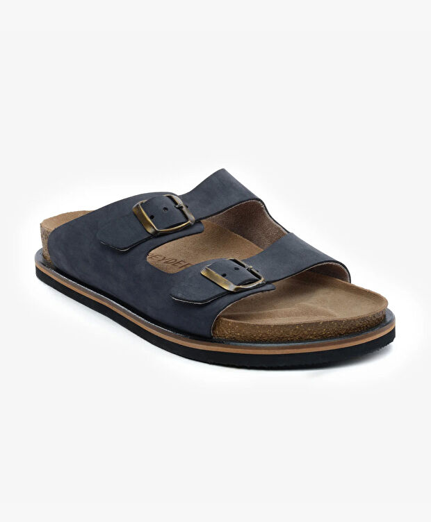 Erkek Lacivert Hakiki Deri Nubuk Terlik - 2