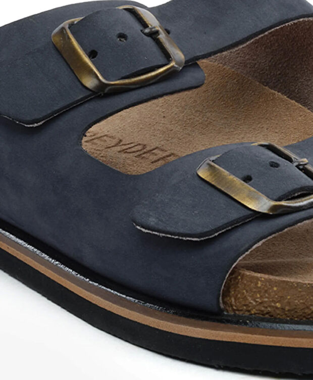 Erkek Lacivert Hakiki Deri Nubuk Terlik - 5