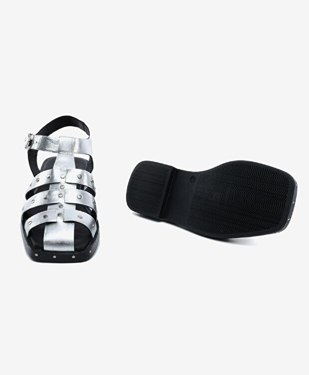 Kadın Gümüş Hakiki Deri Sandalet - 6