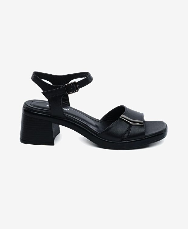 Kadın Siyah Hakiki Deri Topuklu Sandalet - 1