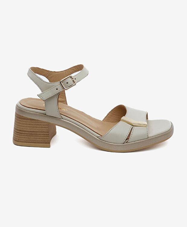 Kadın Bej Hakiki Deri Topuklu Sandalet - 1