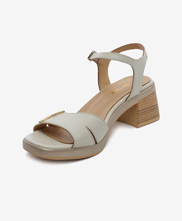 Kadın Bej Hakiki Deri Topuklu Sandalet - 3