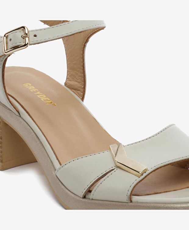 Kadın Bej Hakiki Deri Topuklu Sandalet - 5