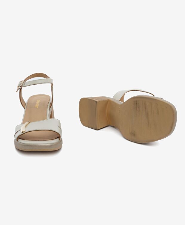 Kadın Bej Hakiki Deri Topuklu Sandalet - 6