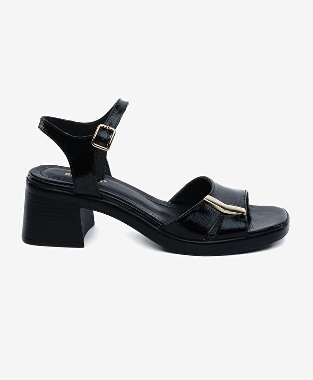 Kadın Siyah Rugan Hakiki Deri Topuklu Sandalet - 1