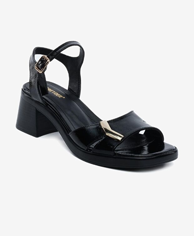 Kadın Siyah Rugan Hakiki Deri Topuklu Sandalet - 2