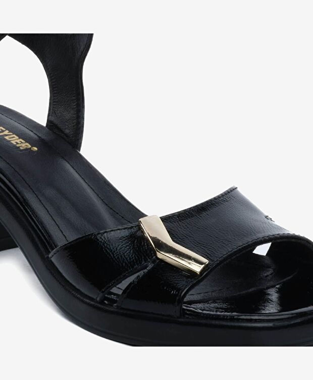 Kadın Siyah Rugan Hakiki Deri Topuklu Sandalet - 5