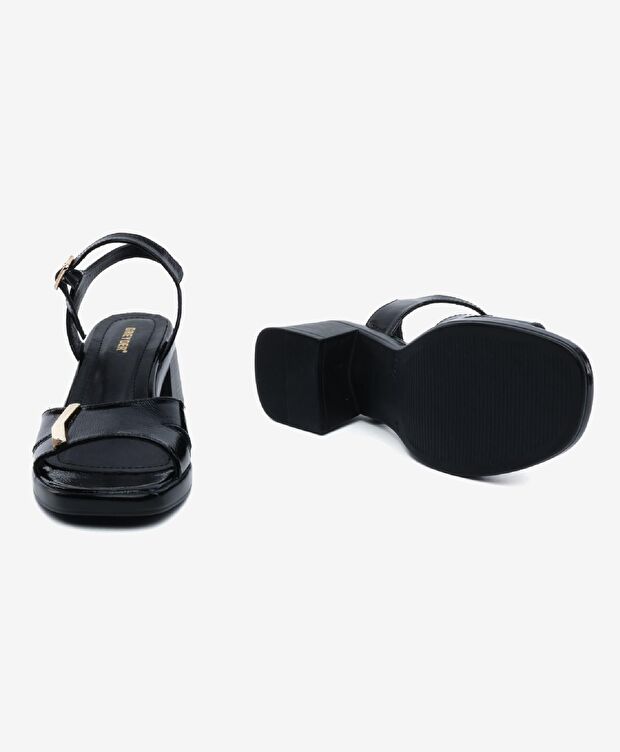 Kadın Siyah Rugan Hakiki Deri Topuklu Sandalet - 6