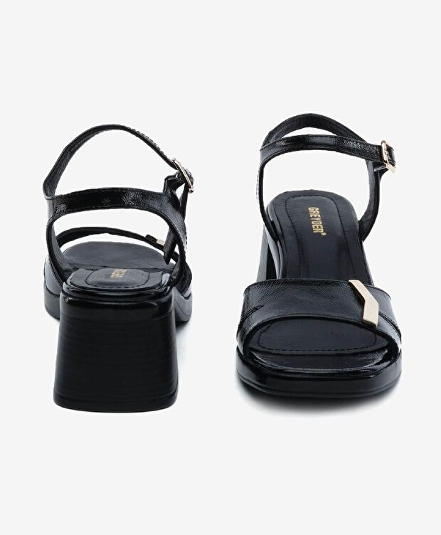 Kadın Siyah Rugan Hakiki Deri Topuklu Sandalet - 7