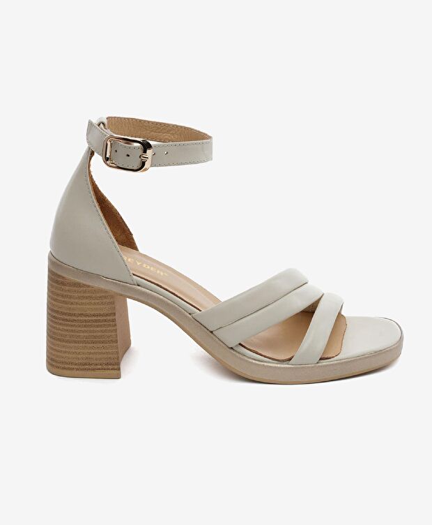 Kadın Bej Hakiki Deri Topuklu Sandalet - 1