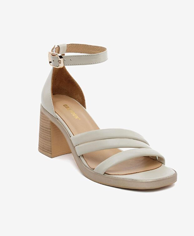 Kadın Bej Hakiki Deri Topuklu Sandalet - 2