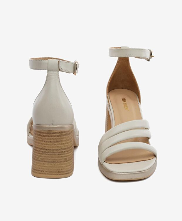 Kadın Bej Hakiki Deri Topuklu Sandalet - 7