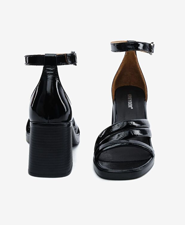 Kadın Siyah Rugan Hakiki Deri Topuklu Sandalet - 7