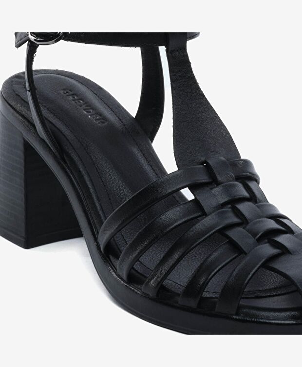 Kadın Siyah Hakiki Deri Topuklu Sandalet - 5