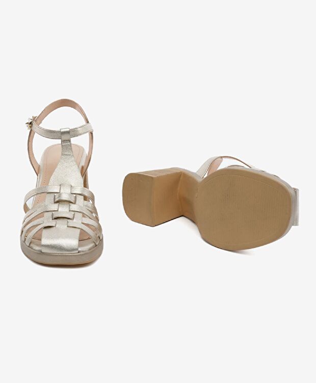 Kadın Altın Hakiki Deri Topuklu Sandalet - 6