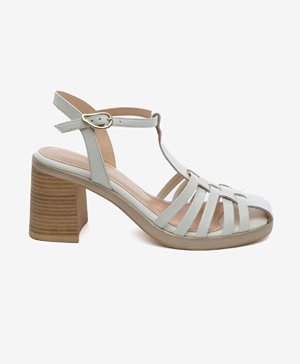 Kadın Beyaz Hakiki Deri Topuklu Sandalet - 1