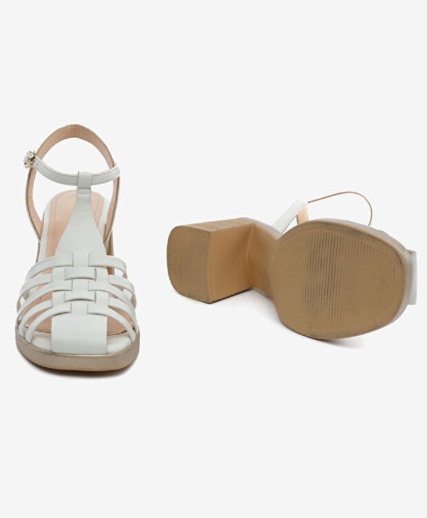 Kadın Beyaz Hakiki Deri Topuklu Sandalet - 6