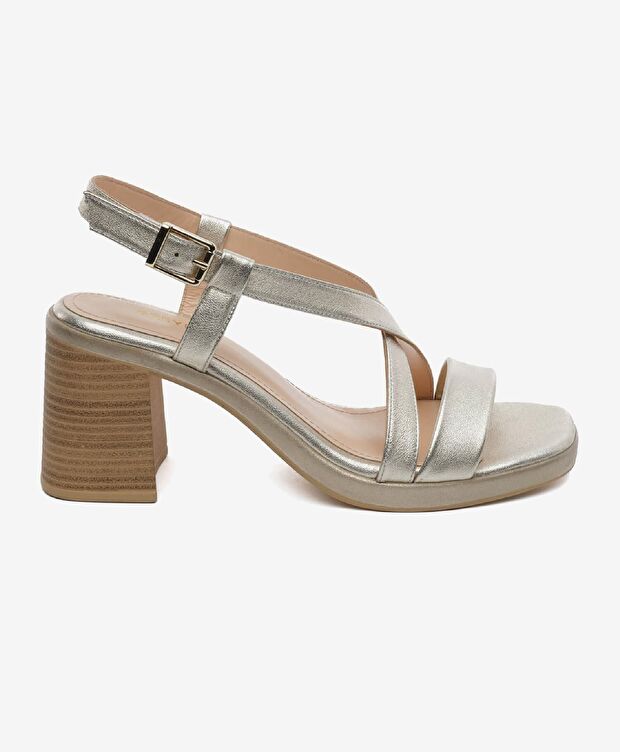 Kadın Altın Hakiki Deri Topuklu Sandalet - 1