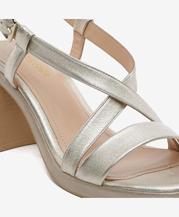 Kadın Altın Hakiki Deri Topuklu Sandalet - 5