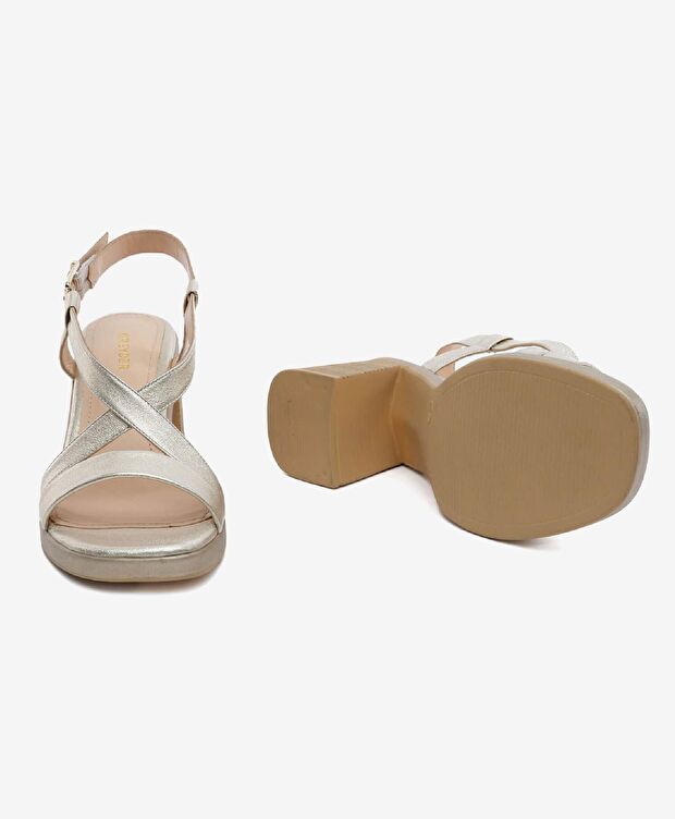 Kadın Altın Hakiki Deri Topuklu Sandalet - 6