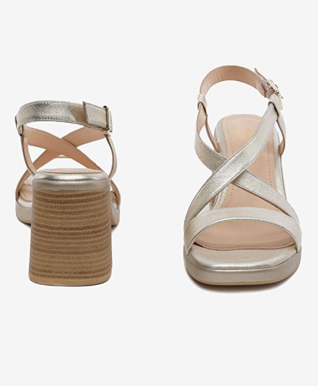 Kadın Altın Hakiki Deri Topuklu Sandalet - 7