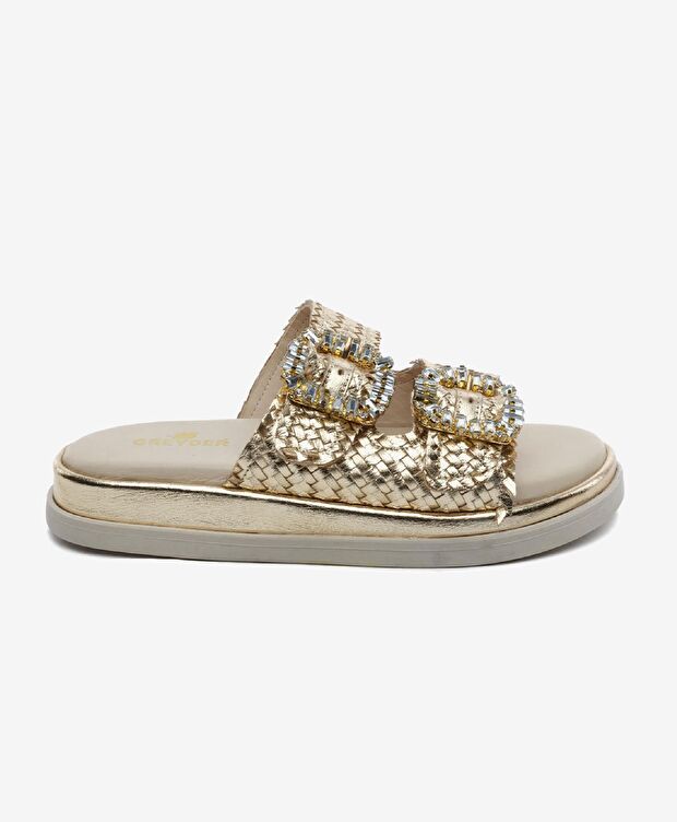 Kadın Altın Hakiki Deri Taşlı Terlik - 1