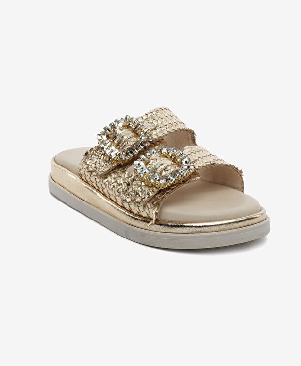 Kadın Altın Hakiki Deri Taşlı Terlik - 2