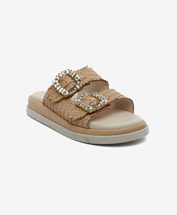 Kadın Krem Hakiki Deri Taşlı Terlik - 2