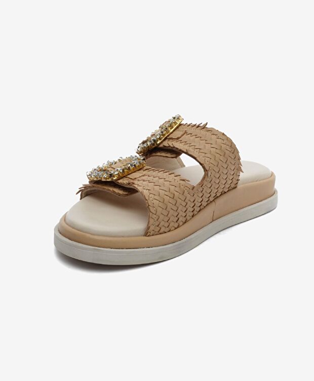 Kadın Krem Hakiki Deri Taşlı Terlik - 3