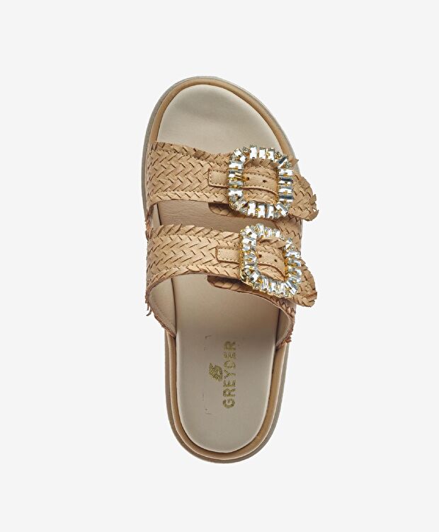 Kadın Krem Hakiki Deri Taşlı Terlik - 4